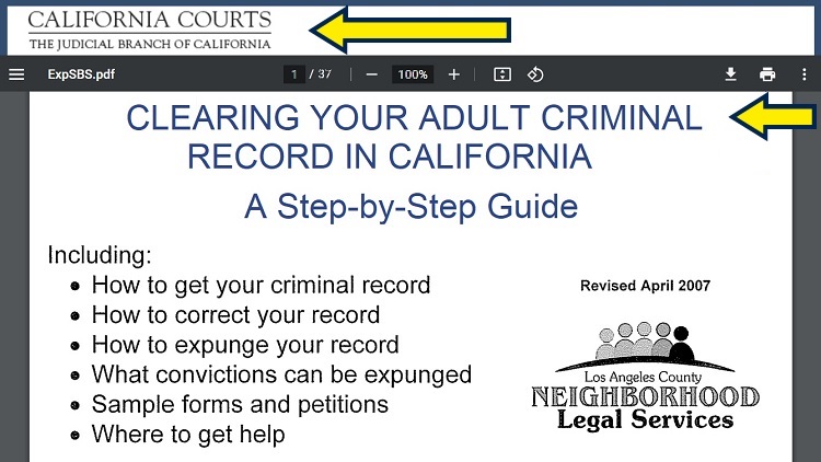 Screenshot of CA Courts Judicial branch article with yellow arrow pointing to the step by step guide for clearing adult criminal record
