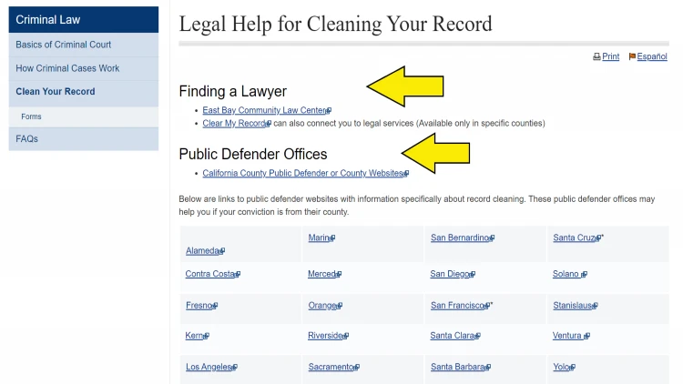 Screenshot of California Courts website page for criminal law with yellow arrow pointing to links to practicing attorneys and public defenders in California.