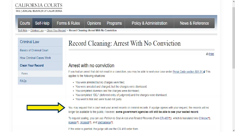Screenshot of California Courts for clean your records with yellow arrow pointing to expungement process in California.