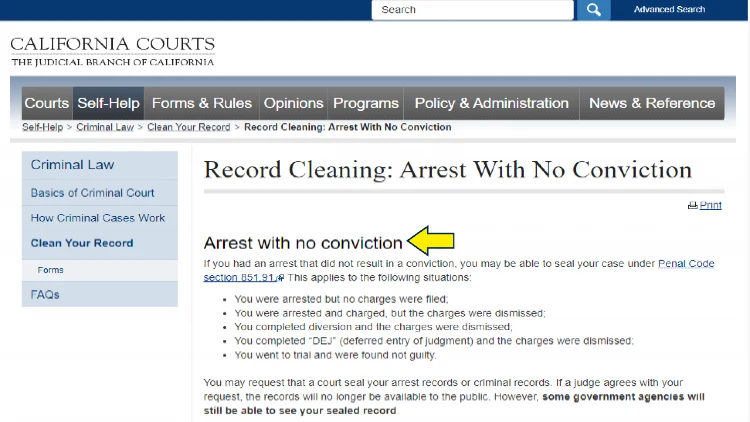 Screenshot of CA Courts for record cleaning with yellow arrow pointing to the situations where arrest with no convictions can be sealed.