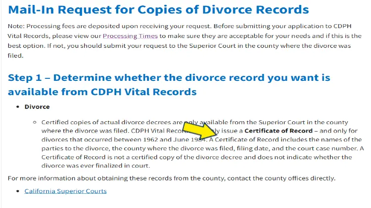 How to find divorce records and how to get a copy of a divorce record in California screenshot with yellow arrows ponting to explanation of are divorce records public in California. 