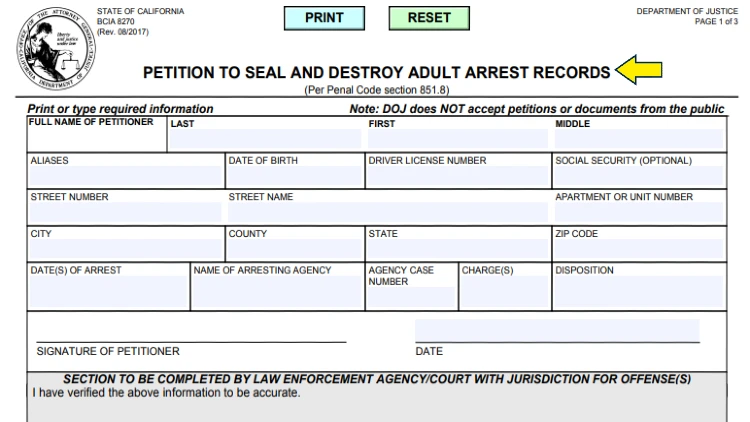 Screenshot of State of CA Department of Justice Form with yellow arrow pointing to the form title petition to seal and destroy adult arrest reccords.