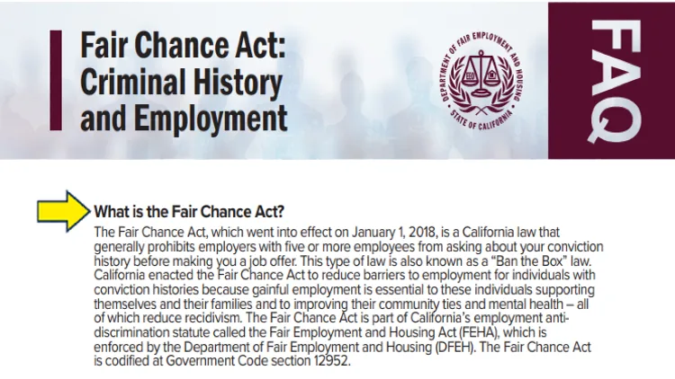 Screenshot of State of CA for Department of Fair Employment and Housing with yellow arrow pointing to the definition of fair chance act.