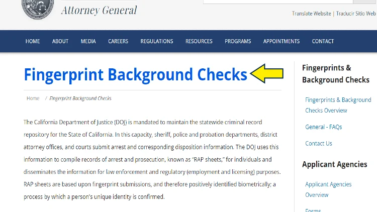 Screenshot of CA Government website page with yellow arrow pointing to fingerprint background checks.