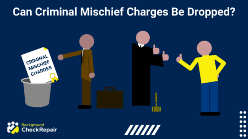 Judge and a man in a yellow shirt give the thumbs up to each other as a man in a brown suit who wanted to know can criminal mischief charges be dropped drops criminal mischief charges in a garbage can.