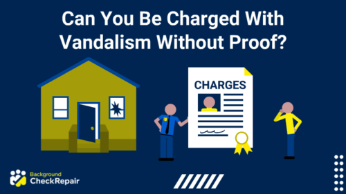 Man scratching his head while looking at a police man delivering charges against him also sees a house with a broken window in the background and wonders can you be charged with vandalism without proof?