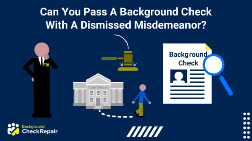 Man with his hand on his chin watches another person walking away from a court building and wonders can you pass a background check with a dismissed misdemeanor, while looking at a background check document with a magnifying glass over it.
