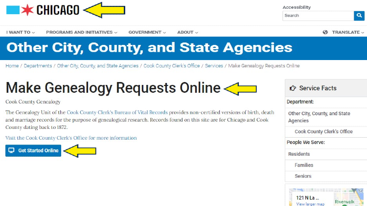 Screenshot of Chicago website page with yellow arrows on how to make genealogy requests online.
