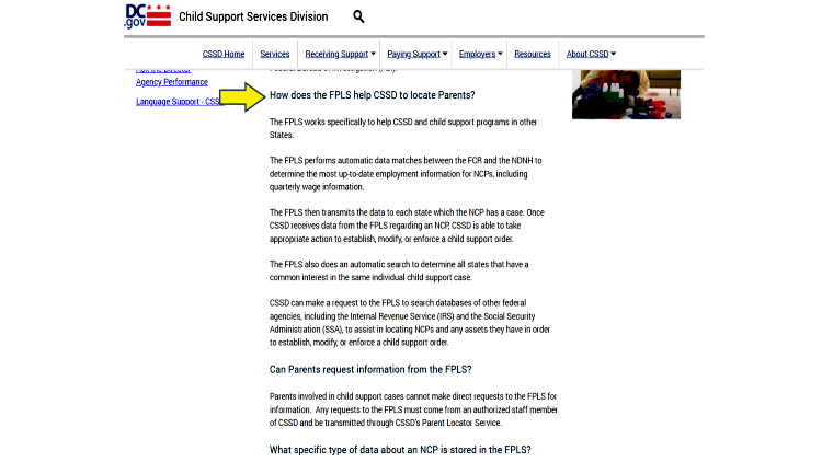 Screenshot of CSSD website page for Federal Parent Locator Service (FPLS) with yellow arrow pointing to information on how FPLS helps CSSD locate parents for child support.