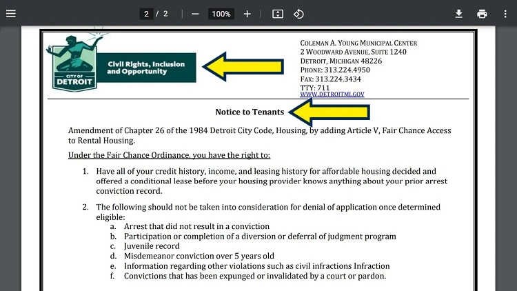 Screenshot of City of Detroit website page about civil rights, inclusion and opportunity with yellow arrow pointing to the notice to tenants.