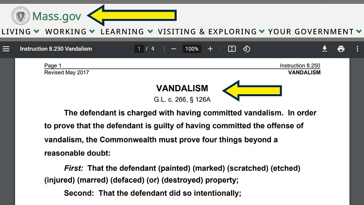 Screenshot of document from the official website page of Commonwealth of Massachusetts with yellow arrow pointing to vandalism