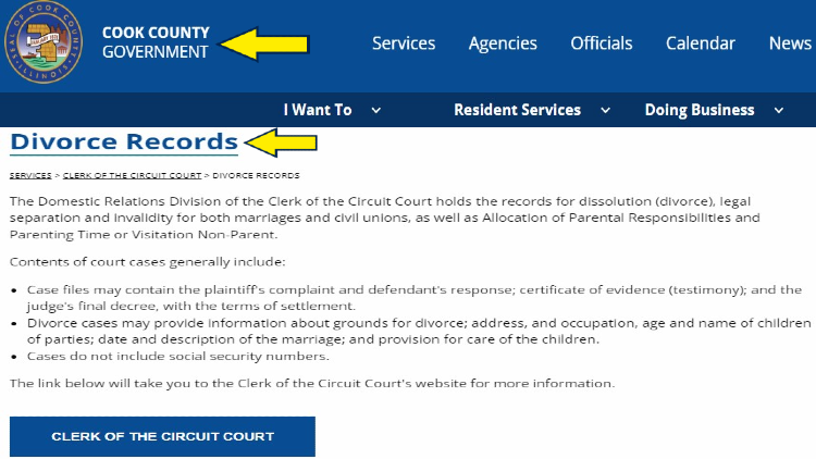Screenshot of Cook County government website page with yellow arrows on divorce records.