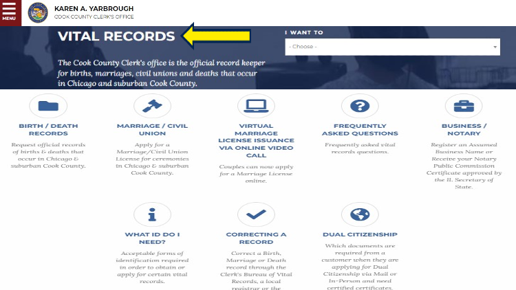 Cook County Clerk's Office website page with yellow arrow on vital records.