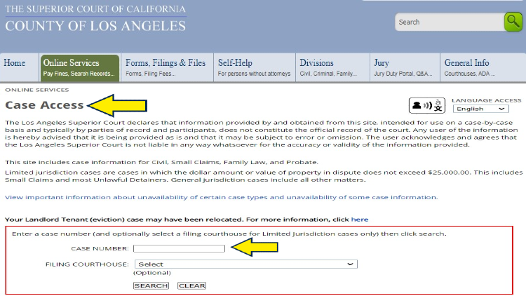 Screenshot of the Superior court of California website page for County of Los Angeles with yellow arrow on how to search and access cases.