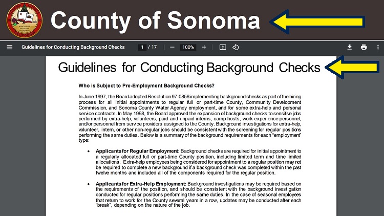 Screenshot of CA County of Sonoma article with yellow arrow pointing to the guidelines for conducting background checks