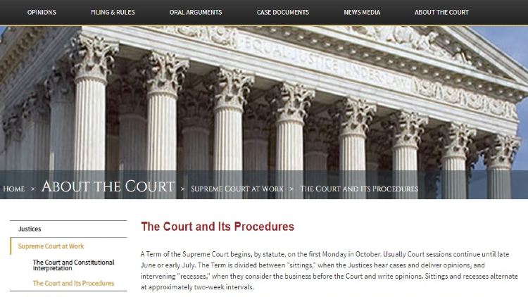 Screenshot of Supreme Court of the United States website page for court proceedings showing an overview of Supreme Court functions and procedures.