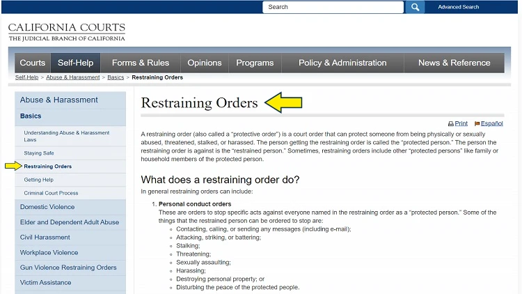 Screenshot of California Courts website page with yellow arrow pointing to what does a restraining order do