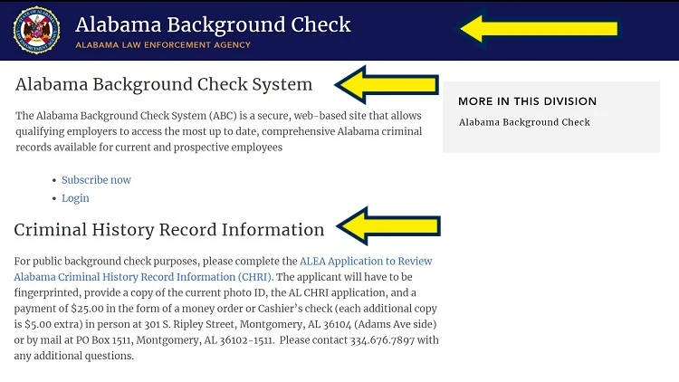 Screenshot of Alabama Law Enforcement Agency website page for Alabama background check system with yellow arrows pointing to how to request criminal history record in Alabama.