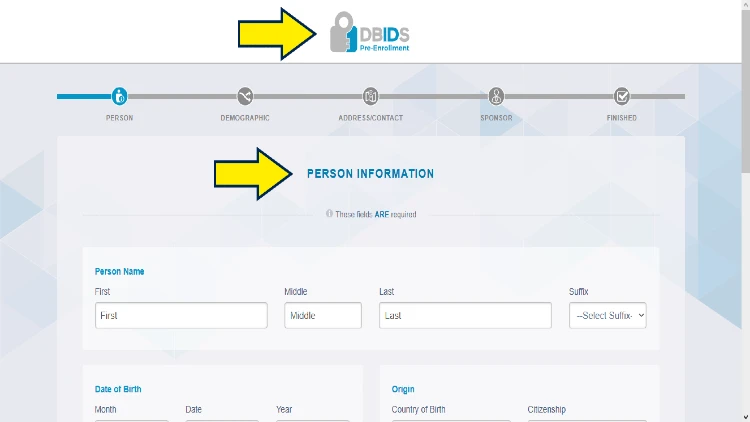 Screenshot of DBIDS website page for pre-enrollment with yellow arrows pointing to DBIDS pre-enrollment form for registration to DoD facilities, installations, and buildings.