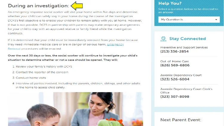 Screenshot of Los Angeles County Department of Children and Family Services website page with yellow arrow pointing to investigation procedures