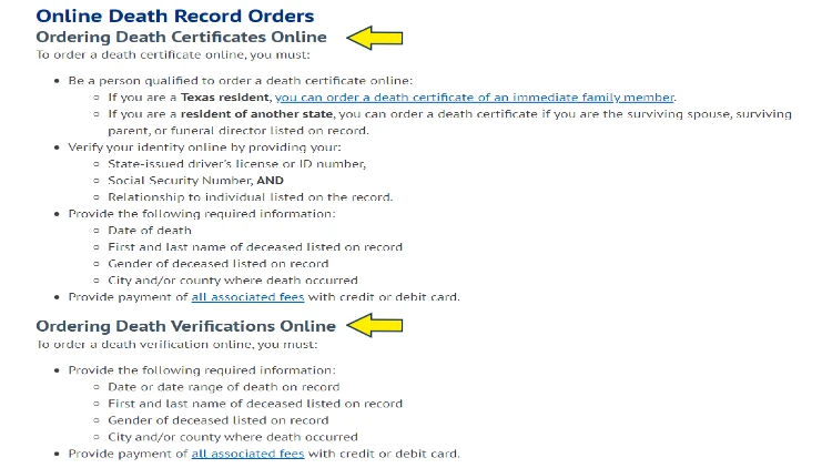 Screenshot of Texas DSHS website page for death records with yellow arrows pointing to how to get a copy of death records in Texas.
