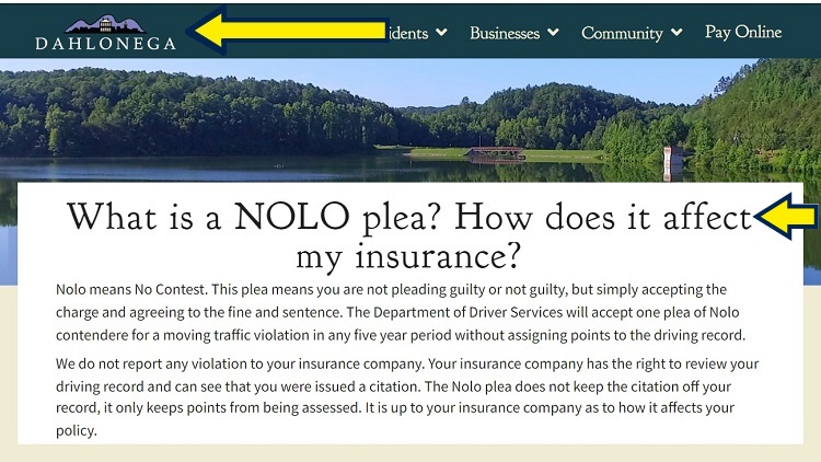 Screenshot of City of Dahlonega website page with yellow arrow pointing to how does a nolo plea affect an insurance