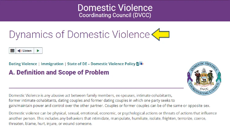 Screenshot of Delaware Government website page for Domestic Violence Coordinating Council with yellow arrow pointing to definition and scope of domestic violence.