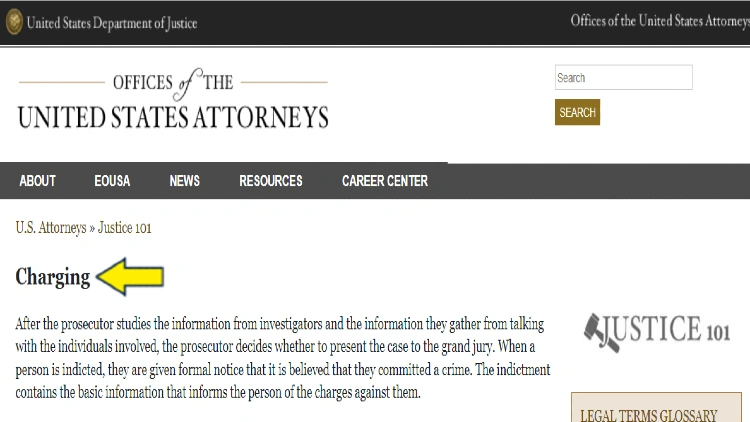 Screenshot of Offices of the United States Attorneys website page for Justice 101 with yellow arrow pointing to what happens during charging in a criminal proceeding.