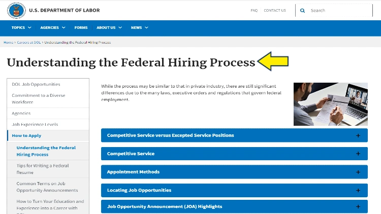 Screenshot of US Department of Labor website page for careers at DOL with yellow arrow pointing to understanding the federal hiring process