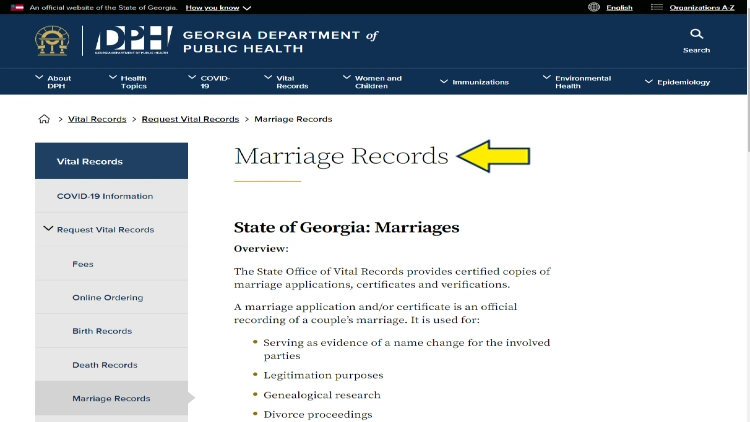 Screenshot of GA Department of Public Health website page with yellow arrow pointing to State Office of Vital Records for marriage
