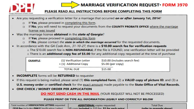 Screenshot of GA Department of Public Health marriage verification request form