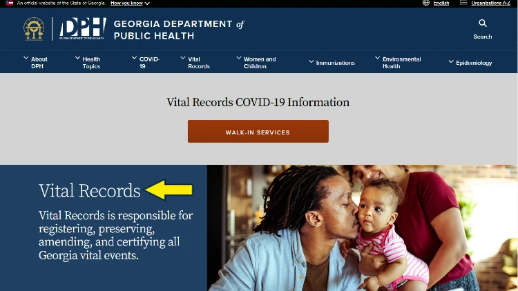 Screenshot of GA Department of Public Health website page with yellow arrow pointing to vitals records