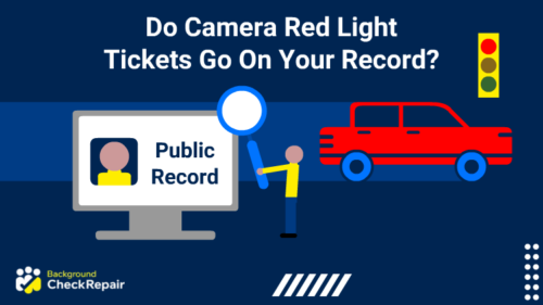 Do camera red light tickets go on your record and man wonders while holding up a large magnifying glass to a computer screen showing public records and a red car in the background driving through a red light while a camera takes a picture of the violation.