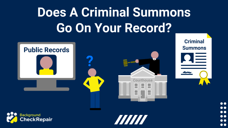 Does a criminal summons go on your record, a man with his hands on his hips questions while looking at a large computer screen on the left showing criminal records and considering a judge behind a courthouse on the right with an official court summons to appear in criminal court.