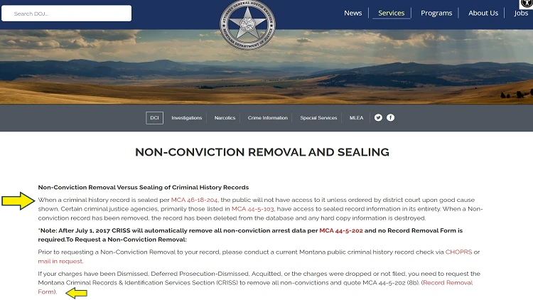 Screenshot of Montana Department of Justice website page with yellow arrow pointing to the difference between non-conviction removal and sealing