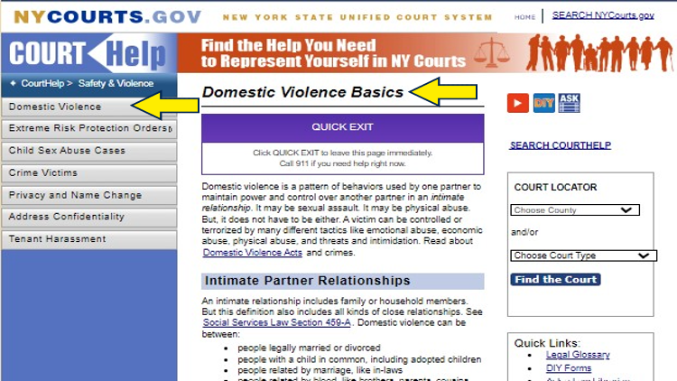 Screenshot of New York Courts website page for safety & violence with yellow arrow on domestic violence basics in New York. 
