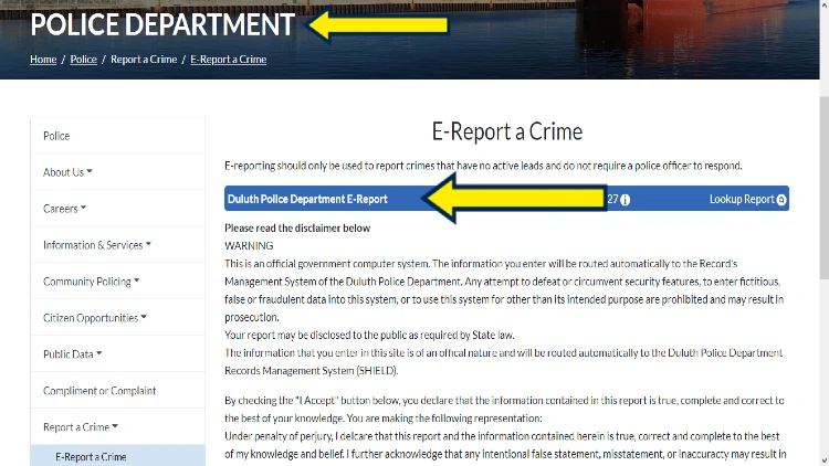 Screenshot of Duluth, Minnesota website page for police department with yellow arrows pointing to online reporting of crimes without leads and do not require police response.