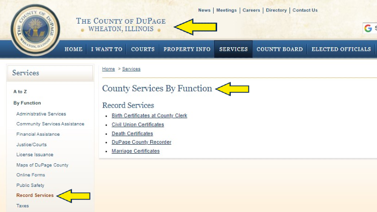 Screenshot of County of DuPage website page for services with yellow arrow on county services by function.