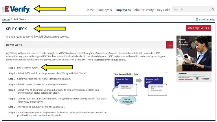 Screenshot of E-verify website page for self-check with yellow arrows pointing to how myE-verify works for employment verification.