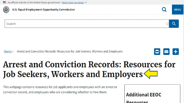 Screenshot of EEOC website page for arrest and conviction records with yellow arrow pointing to resources for employment and pre-employment criminal background check.