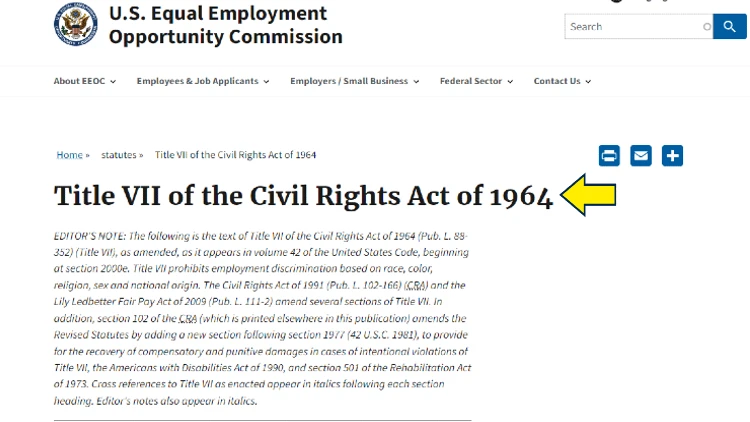 Screenshot of EEOC website page for statutes with yellow arrow pointing to Title VII of the Civil Rights Act of 1964.