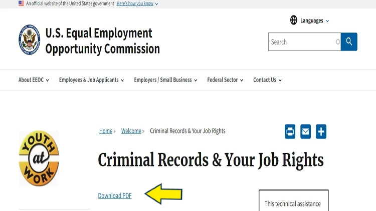 Screenshot of U.S. Equal Employment Opportunity Commission website page with yellow arrow pointing to download a PDF file about criminal records and job rights