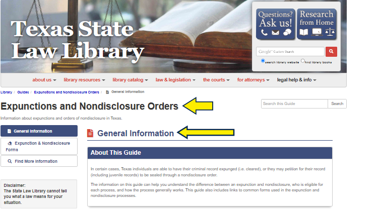 Screenshot of Texas State Law Library website page for expunctions and nondisclosure orders with yellow arrows pointing to general information of expunction process in Texas.