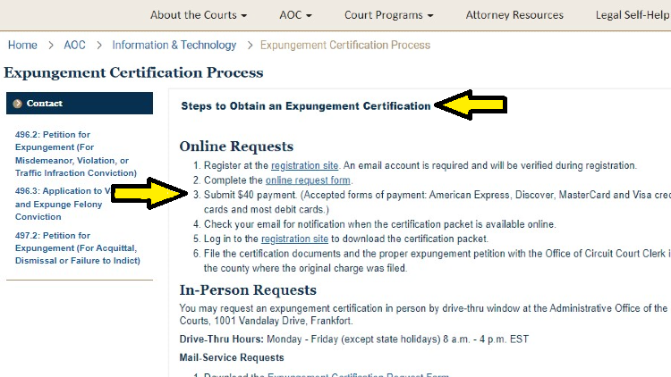 Screenshot of Kentucky Court of Justice website page for expungement with yellow arrows on steps to get expungement certification in Kentucky.
