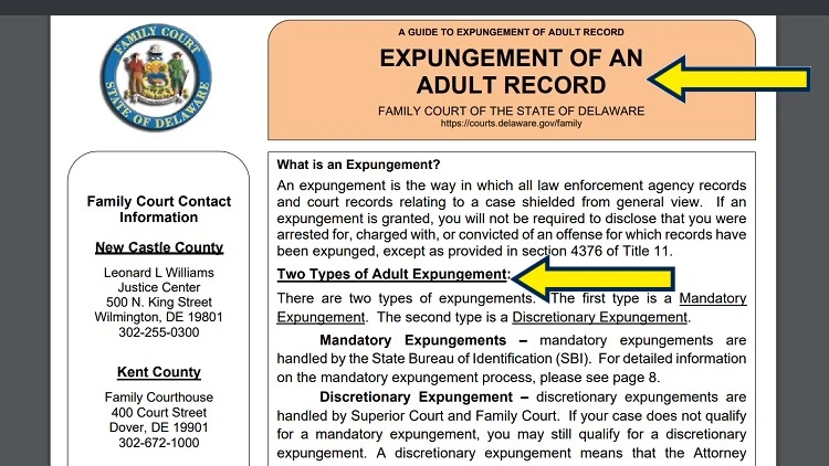 Screenshot of State of Delaware website page for family court with yellow arrows pointing to types of expungement of criminal records for adults.