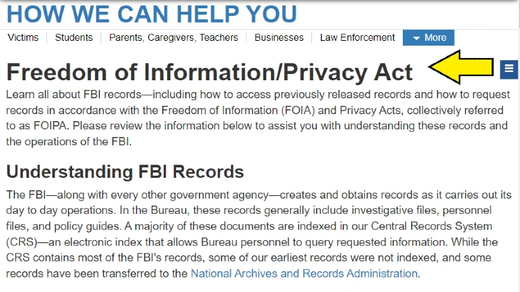 Screenshot of FBI website page for Freedom of Information and Privacy Act with yellow arrow pointing to information about access to criminal records in accordance with Freedom of Information and Privacy Act. 