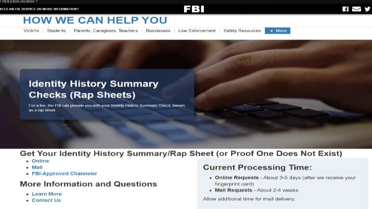 Screenshot of FBI website page for Rap Sheets with information on how to request and how long does it take for request to be processed.