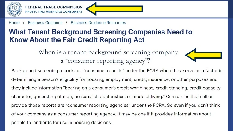 Screenshot of Federal Trade Commission website page about business guidance resources with yellow arrows pointing to when can a tenant background screening company can be a consumer reporting agency.