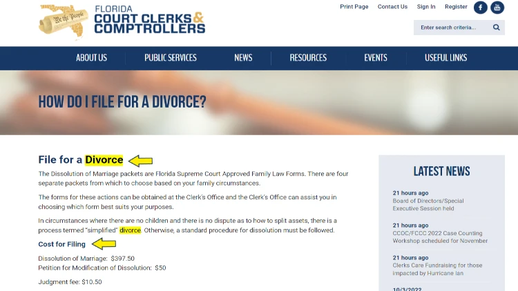 Screenshot of Florida Court Clerks & Comptrollers website page for divorce filing with yellow arrows pointing to information on divorce court proceedings in Florida.