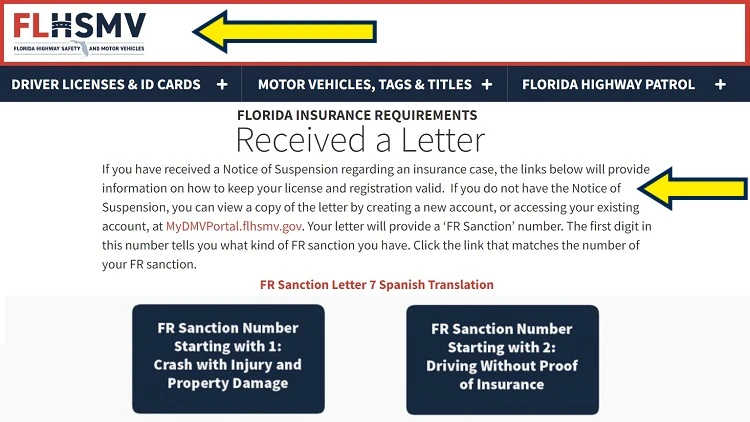 Screenshot of Florida Highway Safety and Motor Vehicles website page with yellow arrow pointing to Florida insurance requirements